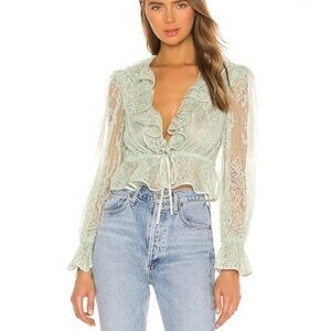 NBD Amie Pastel Green Lace ruffle trim top in mint green sz XS